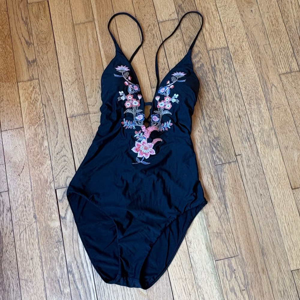 Ella Moss Black One-Piece Swimsuit with Pink Floral Embroidery